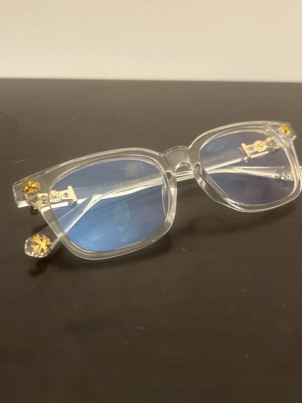 Chrome Hearts Clear Frame Blue-Tint Glasses with Gold Accents